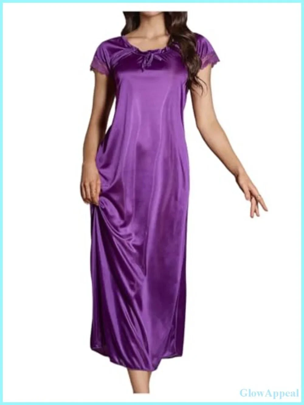 Satin Nightgown Scoop Neck Short Sleeve with Lace Trim Sleepwear